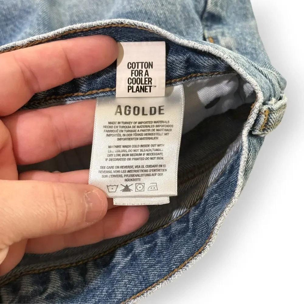 AGOLDE Parker Long High Rise Cut-Off Denim Shorts Womens 27 Blue Button-Fly